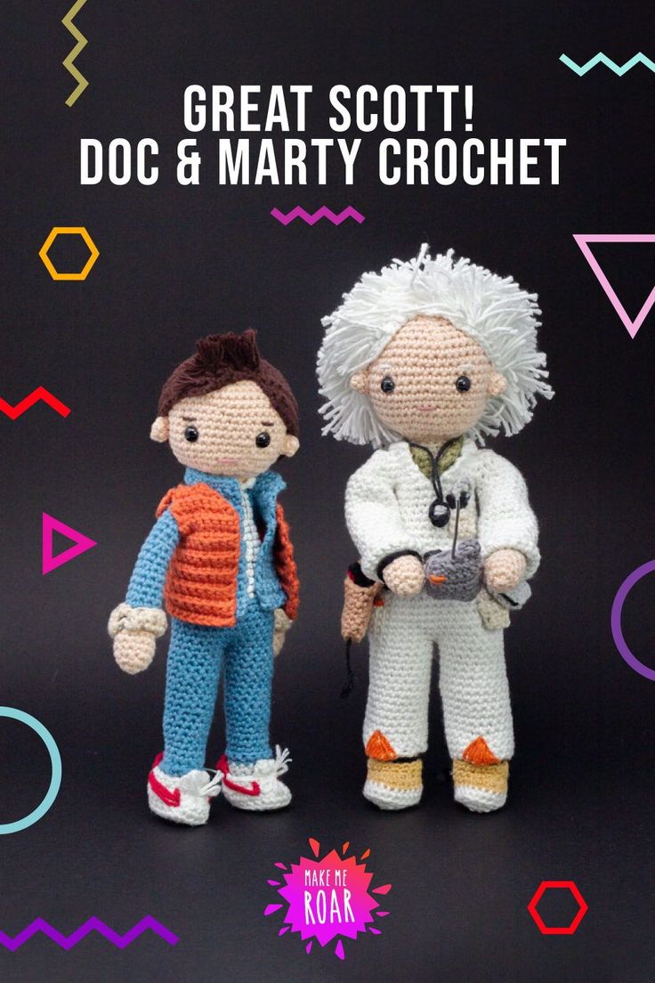 two crocheted dolls standing next to each other on a black background with the words great scott doc & marty crochet