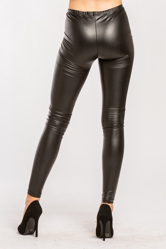 poly/spandex Versatile Fitted Black Leggings, Trendy Stretch Solid Color Leggings, Trendy Tight Leggings, Trendy Full-length Elastane Leggings, High Waist Stretch Leggings Trendy Style, Trendy High Rise Leggings With High Stretch, Trendy High Waist Stretch Leggings, Casual High Stretch Leather Pants For Fall, Sleek Stretch Black Leather Pants