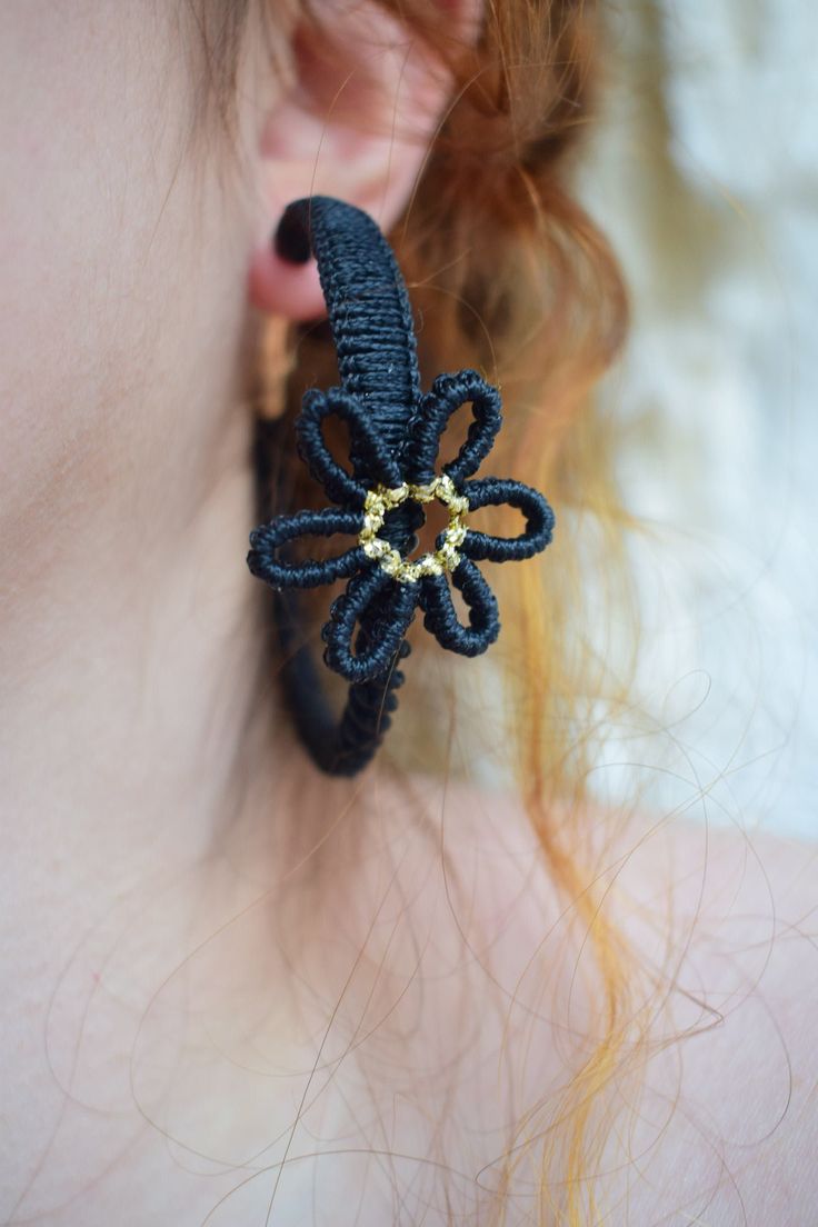 Macrame earrings, Hoop earrings, Black earrings, Boho jewelry, Handmade jewelry, Round earrings, Elegant  earrings, Flower earrings Those beautiful flower earrings are made of black waxed thread and gold thread, wearable in many situations, elegant or hippie or boho etc. For questions contact me in inbox,  Thanks you, Dinka. TAGS: Black flower    Unique earringsHippie earringsBohemian styleBoho earringsElegant earrings Handmade Hoop Flower Earrings For Gift, Adjustable Hoop Flower Earrings As Gift, Adjustable Flower Hoop Earrings As Gift, Bohemian Flower Hoop Earrings With Ear Wire, Bohemian Flower Hoop Earrings, Bohemian Flower-shaped Hoop Earrings, Bohemian Handmade Flower Hoop Earrings, Handmade Bohemian Flower Hoop Earrings, Flower Charm Hoop Earrings Gift