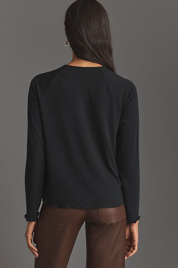 Polyester, viscose, elastane Pullover styling Hand wash Imported | Buttons Baby T-Shirt by Anthropologie in Black, Women's, Size: XL, Polyester/Viscose/Elastane Fall Layering Blouse With Crew Neck, Versatile Viscose Tops For Fall, Versatile Viscose Tops For Layering, Versatile Viscose Tops For Loungewear, Versatile Relaxed Fit Top For Fall, Casual Crew Neck Top In Viscose, Versatile Crew Neck Tops For Fall, Cotton Tops With Shirttail Hem For Fall, Casual Viscose Tops With Shirttail Hem