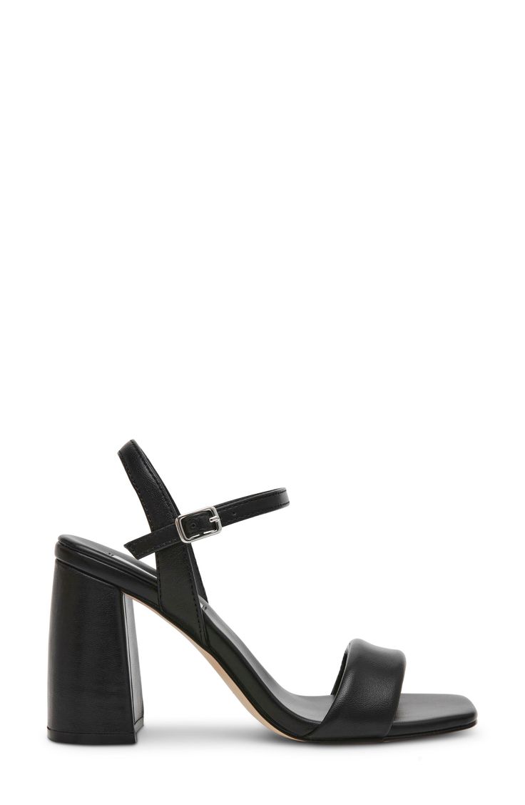 A puffy vamp strap creates modern intrigue on a leather sandal balanced by an angular square toe and wrapped block heel. 3 3/4" heel Adjustable ankle strap with buckle closure Leather upper/synthetic lining and sole Imported Evening Block Heels With Rectangular Buckle Closure, Modern Ankle Strap Heels With Stacked Heel, Modern Block Heels With Ankle Strap And Buckle, Modern Block Heels With Ankle Strap And Buckle Closure, Modern Block Heels With Ankle Strap, Chic Block Heel Single Strap Heels, Chic Block Heel Heels With Single Strap, Chic Single Strap Block Heels, Chic Block Heels With Padded Heel And Rectangular Buckle