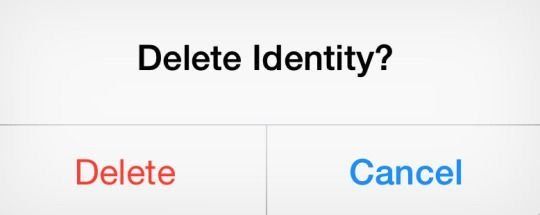 the words delete identity are shown in three different font styles, including red and blue