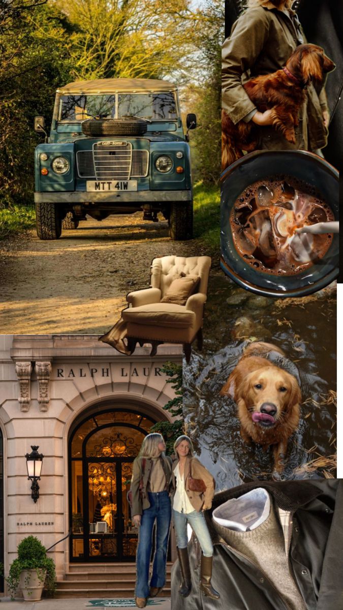 a collage of photos with dogs, people and cars in the background that include an old truck