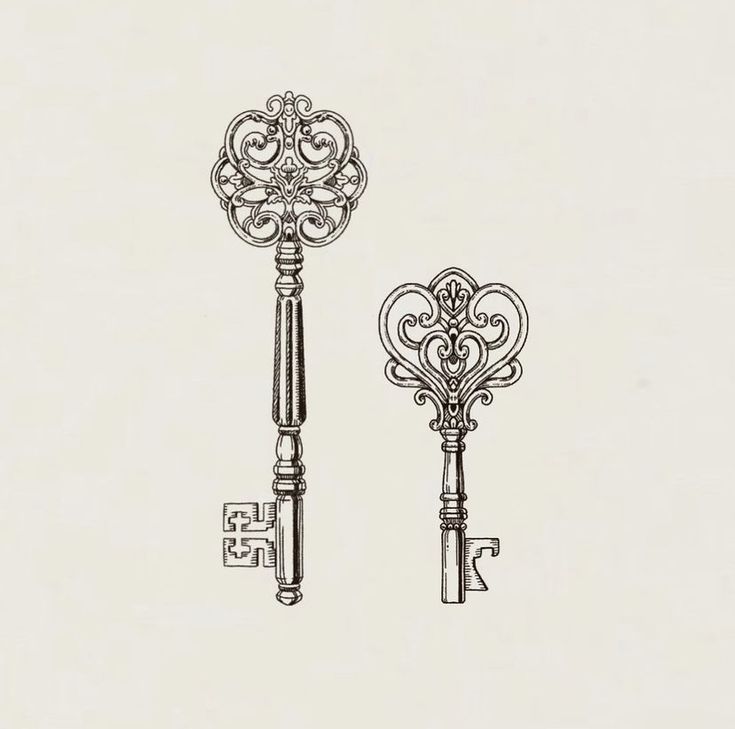 an antique key with filigrees is shown in black ink on a white background