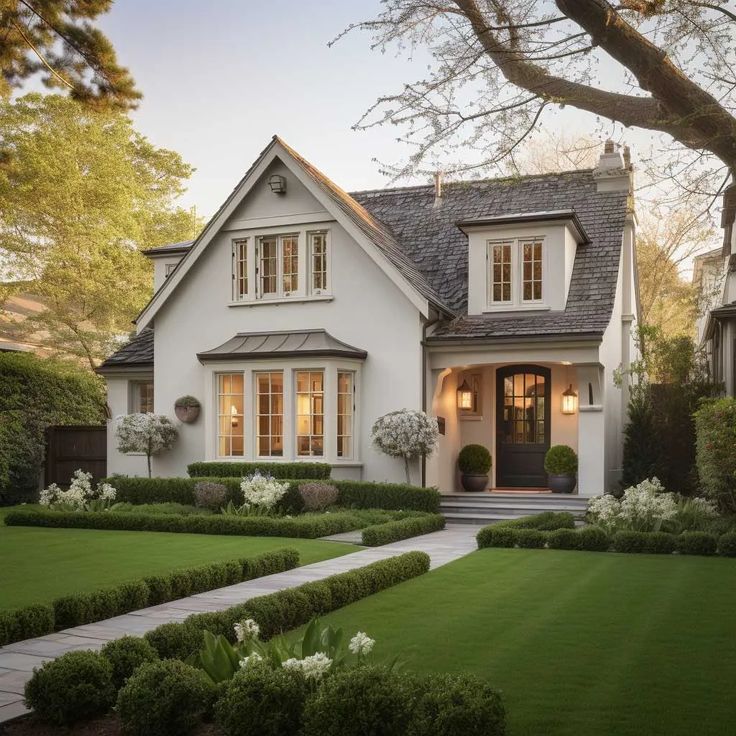 a white house with hedges in front of it