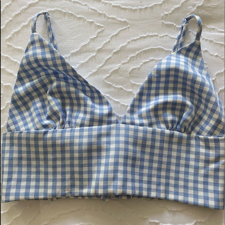 Cropped Blue Too With Adjustable Straps. Never Worn Blue Summer Tops For Picnic, Blue Summer Top For Picnic, Trendy Blue Tops For Picnic, Trendy Blue Top For Picnic, Blue Cotton Top For Picnic, Blue Fitted Top For Picnic, Fitted Blue Tops For Picnic, Fitted Blue Top For Picnic, Gingham Top