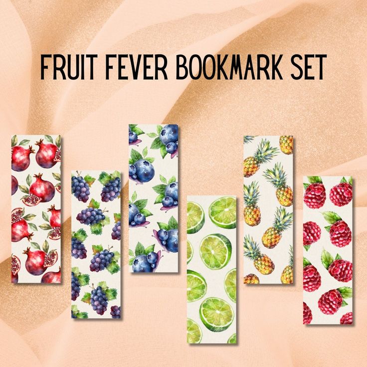 fruit fever bookmark set is displayed in front of an orange and green background with pineapples