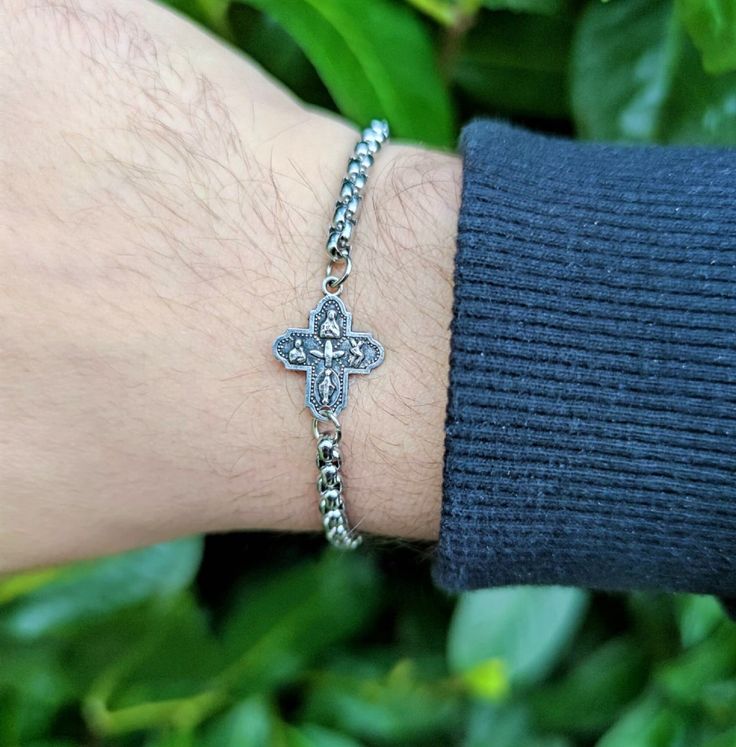 Silver Cross Bracelet, Spiritual Style, Spiritual Silver Cross Bracelet, Nickel-free Cross Bracelet Gift, Nickel Free Cross Bracelet With Spiritual Style, Nickel-free Cross Bracelet For Spiritual Style, Spiritual Silver Charm Bracelet With Cross, Spiritual Silver Cross Charm Bracelet, Silver Cross Rosary Bracelet, Silver Cross Chain Bracelet As Gift