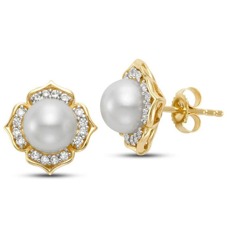 A freshwater pearl framed by diamond petals creates these stunning floral-inspired earrings. Founded in the mid-1920s by Frank Mastoloni, Sr., the family-owned business has grown to become one of the most trusted and respected brands in the cultured pearl industry. The label is renowned worldwide for its exquisite designs, superior craftsmanship and the breathtaking quality of their pearls. Freshwater cultured pearls, 7mm. Diamonds, 0.26ctw. 14-karat yellow gold. Pierced only. 1/2"L x 1/2"W. Elegant Diamond Flower Earrings For Wedding, Elegant White Diamond Flower Shaped Earrings, Elegant White Diamond Flower-shaped Earrings, Elegant Pearl Flower Earrings For Formal Occasions, Formal Pearl Drop Flower Earrings, Formal Pearl White Flower Earrings, Classic Diamond Earrings With Flower Shape For Formal Occasions, Elegant Pearl Flower Earrings For Anniversary, Pearl White Flower Shaped Earrings For Formal Occasions