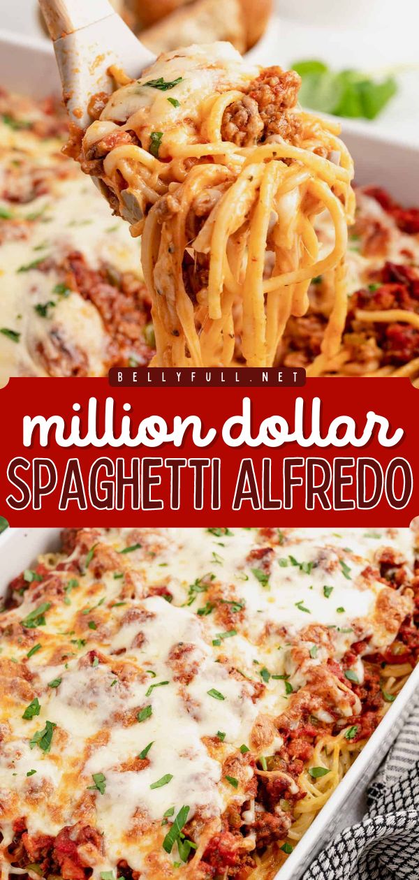 Want something different for dinner? Here's the ultimate spaghetti casserole! Combined with marinara sauce and lots of cheese, this Million Dollar Spaghetti Alfredo is outrageous in the best possible way. Your family will love this easy pasta dish! Spaghetti Alfredo And Meat Sauce, Million Dollar Alfredo Casserole, Dressed Up Spaghetti Sauce, Red And White Spaghetti, Things That Go With Spaghetti, Spaghetti Lasagna Bake Easy, Alfredo Speggetti Bake, Ultimate Spaghetti Bake, Spaghetti With Tomato And Alfredo Sauce