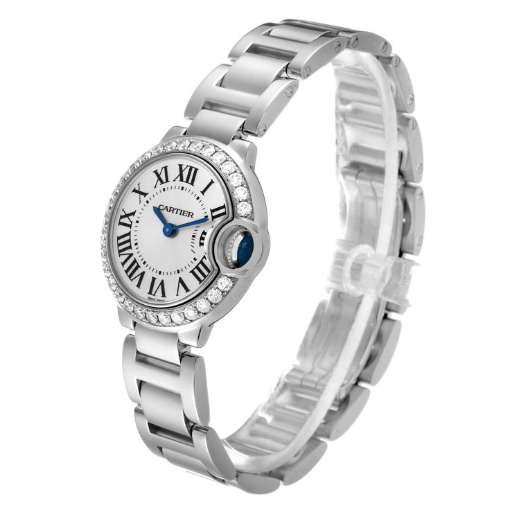 Cartier Ballon Bleu White Gold Diamond Bezel Ladies Watch WE9003Z3. Quartz movement. Caliber 057. Round 18K white gold case 28.0 mm in diameter. Case thickness: 9.35 mm. Fluted crown set with a blue sapphire cabochon. 18K white gold bezel set with original Cartier factory diamonds. Scratch resistant sapphire crystal. Silver sunburst dial with Roman numerals. Blued steel sword shape hands. 18k white gold bracelet with hidden butterfly clasp. Fits 6.5" wrist. Diamond Watch With Subdials, Luxury Cartier Watch With Brilliant Cut, Cartier Diamond Watch With Round Dial, Cartier Diamond Watch With Diamond Accents, Cartier Diamond Watch For Wedding With Polished Finish, Timeless Diamond Watch With Metal Dial For Anniversary, Classic Diamond White Round Diamond Watch, Timeless Diamond Watch For Anniversary, Cartier Diamond Watch With Polished Finish