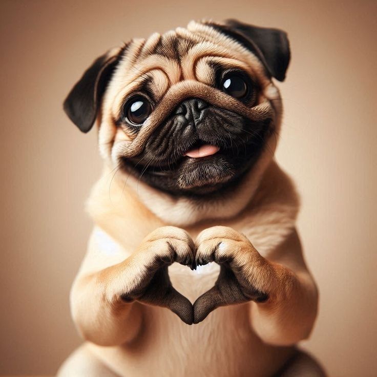 a pug dog sitting on its hind legs and making a heart shape