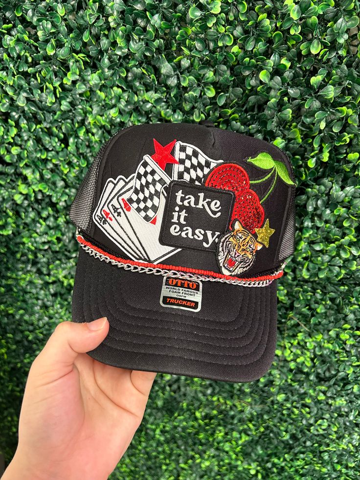 Get ready to take on the day with our Take It Easy Trucker Hat! Custom made at our in-store hat bar, this hat is perfect for adding a fun and playful touch to any outfit. Casual Snapback Party Hat, Casual Mini Hats With Flat Brim For Party, Trendy Party Hats One Size Fits Most, Trendy Party Hat, One Size Fits Most, Casual Mini Hat With Flat Brim For Parties, Casual Flat Brim Mini Hats For Parties, Trendy Fitted Hat With Flat Brim, Trendy One Size Fits Most Fitted Hat, Trendy Adjustable Costume Hats With Short Brim