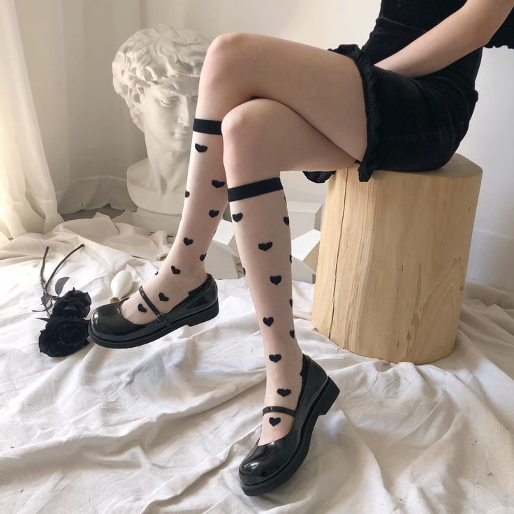 Black Fitted Harajuku Stockings, Fitted Black Harajuku Stockings, Cute Fitted Knee-high Hosiery, Cute Fitted Knee-high Stockings, Cute Fitted Knee-high Socks, Cute Fitted Knee-high Legwear, Cute Black Stretch Socks, Cute Stretch Black Socks, Fitted Black Knee-high Socks For Summer