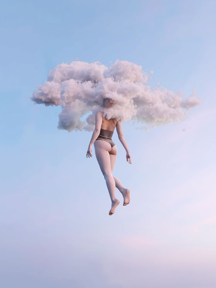 a woman floating in the air with clouds on her head and body above her head