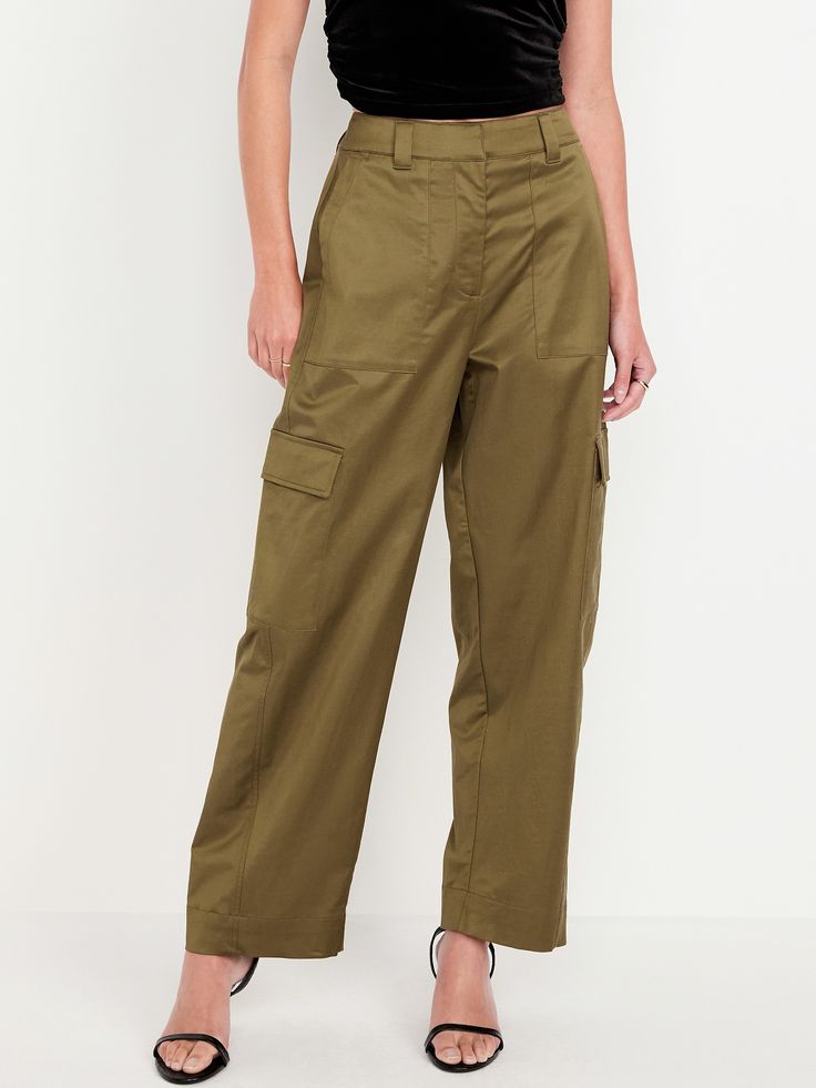 button front belt loops zip fly front pockets back right welt pocket flap-cargo pockets at thigh extra high waist is 1" higher than standard high rise sits above belly button relaxed hip and thigh hits at ankle 28 1/2" regular inseam 26 1/2" petite inseam 31 1/2" tall inseam models are approx.  5'9" and wear sizes s (4), l (12), and xl (18)machine wash according to the care instruction label  . Best Holiday gift for Women , perfect Pants for Christmas! Pajamas Gift, Pants Green, Family Maternity, Old Navy Women, Bottom Clothes, Big And Tall, Petite Size, Belly Button, Bottoms Pants