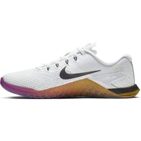 the nike zoom flyknit is white with purple and orange accents on the sole