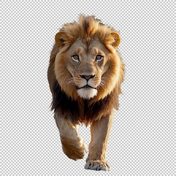 a lion walking across a white background