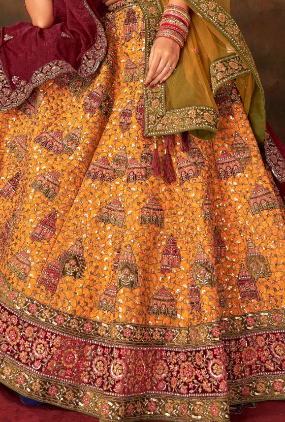 This stunning lehenga choli dress is crafted from luxurious fancy silk, creating a flawless look for any special occasion. Elevate your style with the vibrant color and elegant design, sure to turn heads and make you feel confident and beautiful! Perfect for adding a touch of glamour to any event. LEHENGA FABRIC: Velvet, SILK LEHENGA WITH HEAVY HANDWORK AND ZARKAN BLOUSE FABRIC: SILK DUPATTA: NET, VELVET WITH DOUBLE DUPATTA SIZING: Can be stitched upto 42 inches bust and waist SHIPPING: The product will be shipped within 1 - 2 weeks from the date of purchase. Stitched item will ship within 2-3 weeks from the date of the order All stitched products are final sale. We will contact you within 1-2 days from the date of order to confirm your measurements. Stitching Option - We will email you th Festive Orange Lehenga With Intricate Embroidery, Anarkali Orange Lehenga With Intricate Embroidery, Orange Lehenga With Intricate Embroidery For Festivals, Designer Orange Lehenga With Intricate Embroidery, Festive Orange Embroidered Lehenga, Orange Choli With Intricate Embroidery For Festivals, Orange Silk Lehenga For Designer Wear, Designer Wear Orange Silk Lehenga, Designer Orange Silk Lehenga