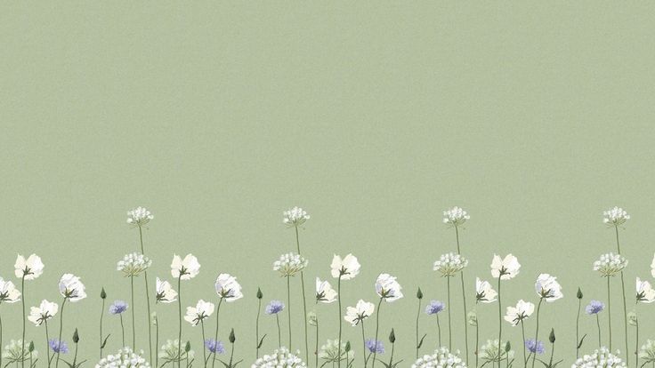 a painting of white and blue flowers against a light green background with space for text