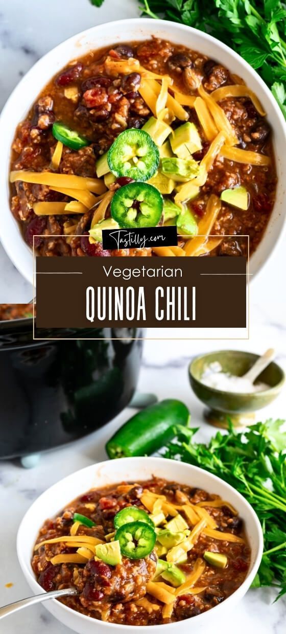 Set & Forget Slow Cooker Vegetarian Quinoa Chili – Tastilly Slow Cooker Vegetarian Chili Recipe, Crockpot Quinoa Recipes, Chilli Recipe Slow Cooker, Starch Based Diet, Quinoa Chili Recipe, Slow Cooker Quinoa, Vegetarian Quinoa Chili, Slow Cooker Vegetarian Chili, Quinoa Chili