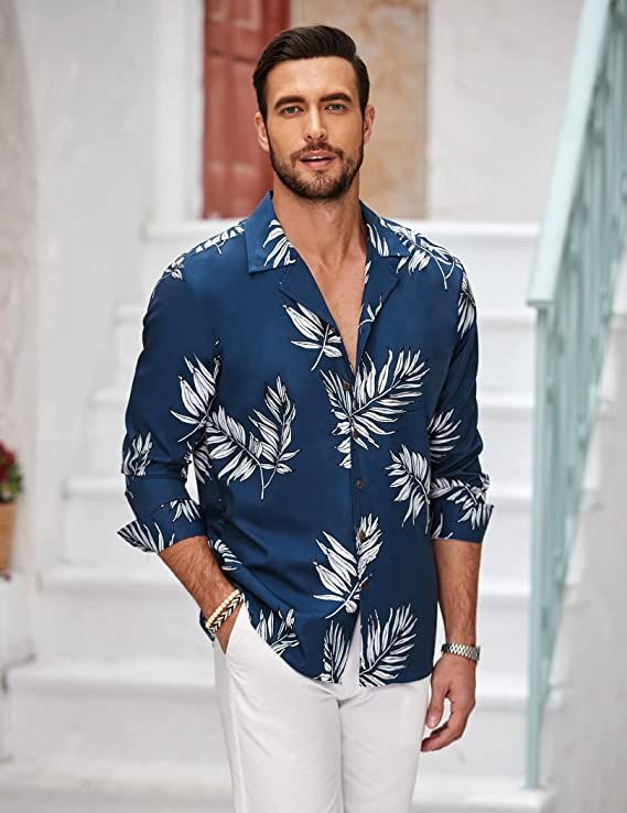 100% Polyester Button closure BEACH ESSENTIAL - Mens hawaiian shirt is made of great fabric, lightweight, breathable and soft touch, quick dry, stay cooler, relaxed fit on a hot summer day. FEATURES - Mens hawaiian shirts with stylish cuban collar, print style, classic regular fit, long sleeve with sleeve tabs. Long sleeve hawaiian shirt is great for sun protection and you can roll up your sleeve, which give you casual and fashion look. EASY TO MATCH Hawaii Shirt Style, Wedding Guest Outfit Men, Hawaiian Outfit Men, Men's Casual Fashion, Tops For Spring, Hawaiian Print Shirts, Wedding Notes, Hamilton Island, Printed Shirts Men