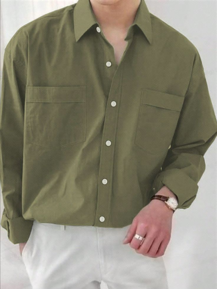 Army Green Casual Collar Long Sleeve Woven Fabric Plain Shirt Embellished Non-Stretch  Men Clothing Regular Shirts For Men, Mens Outfits Shirt, Mens Long Sleeve Button Up Shirts, Green Collared Shirt Outfits, Mens Outfits Oversized, Green Guy Outfit, Men’s Button Up Shirt Casual, Men’s Button Up, Sage Green Men Outfit