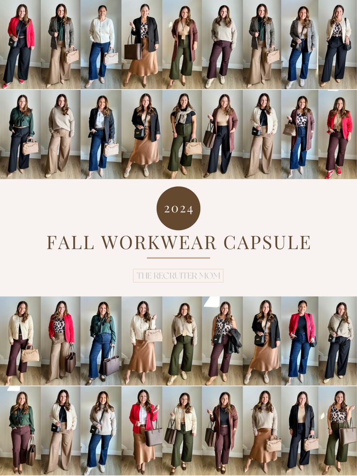 Fall Workwear, Workwear capsule, capsule wardrobe, minimalist wardrobe, fall staples, midsize workwear, fall outfit, fall dress, fall blazer, fall trends, animal print trend, red trend, it bag, chocolate brown trend, leopard accessories, red accessories, workwear shoes, workwear pants, workwear tops, midsize style, slip skirt outfit, long cardigan, washable silk, wide leg pants, business casual outfit, teacher outfit, teacher style Business Capsule Wardrobe, Recruiter Mom, Fall Family Outfits, Fall Business Casual Outfits, Office Outfits Women Casual, Workwear Capsule, Business Casual Fall, Fall Workwear, Fall Family Photo Outfits