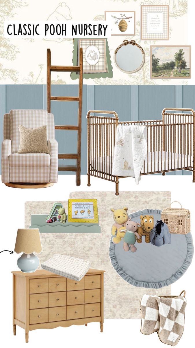 a baby's nursery with blue walls and furniture