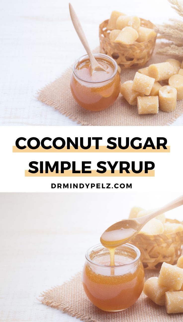 two pictures showing how to make coconut sugar syrup with the text overlay reads, coconut sugar simple syrup