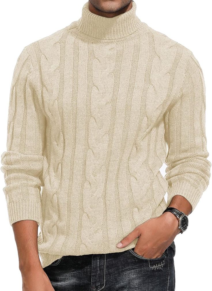 Stay warm and stylish with this Men's Fashion V Neck White Striped Long Sleeve Sweater. Crafted from soft, comfortable fabric and featuring a classic V-neck style, this sweater is perfect for any occasion. The stylish stripes give it a timeless elegance that is sure to turn heads. 50% Acrylic, 30% Polyester, 20% Polyamide Imported Pull On closure Machine Wash Our men's pullover sweater is made of premium soft and warm fabric, the soft and cozy fabric provides ultimate comfort and warmth while en Casual Solid Cable Knit Turtleneck, Casual Solid Color Cable Knit Turtleneck, Casual Cable Knit Turtleneck, Casual Beige Knit Turtleneck, Casual Beige Polo Sweater For Winter, Casual Beige Winter Polo Sweater, Casual Solid Turtleneck With Textured Knit, Casual Textured Knit Solid Turtleneck, Casual Beige Turtleneck