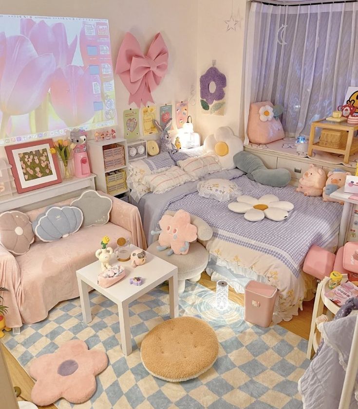 this is a dollhouse bedroom with pink and blue decor