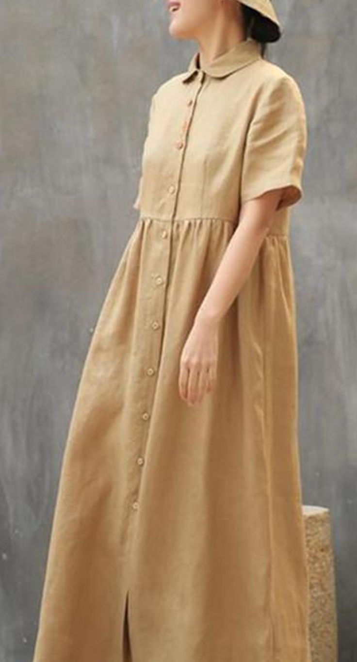 Khaki Linen Casual Summer Dresses Buttons Shirt Dress Maxi Women Dresses Z972911 Cotton Solid Color Shirt Dress For Summer, Summer Cotton Solid Color Shirt Dress, Casual Cotton Shirt Dress In Solid Color, Summer Cotton Shirt Dress In Solid Color, Casual Shift Shirt Dress, Casual Relaxed Fit Maxi Dress With Buttons, Casual Solid Color Shirt Dress For Summer, Flowy Midi-length Casual Shirt Dress, Plain Linen Summer Dress