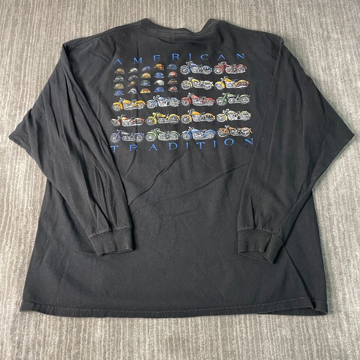 Vintage 2000s American Tradition Motorcycle Double Sided Y2K Aesthetic Streetwear Black Graphic Long Sleeve Shirt Double Extra Large Mens Condition:  Excellent Used Condition  = No Flaws Measurements: Please see photos above for all measurements IF YOU BUY TWO OR MORE ITEMS USE THE CODE BUNDLE @ CHECK TO SAVE 20% WE SHIP WITHIN 24 HOURS AFTER PURCHASE! Please be aware that we do not offer free returns!! The Buyer is responsible for the cost of the return label. Follow us on TikTok & Instagram @f Y2k Long Sleeve T-shirt For Streetwear, Black Y2k Long Sleeve T-shirt, Black Long Sleeve Y2k T-shirt, 90s Long Sleeve Tops With Logo Print, 90s Style Long Sleeve Top With Logo Print, 90s Long Sleeve T-shirt With Logo Print, Black Y2k Shirt For Streetwear, Black Long Sleeve T-shirt 90s Style, 90s Style Black Tops For Fall