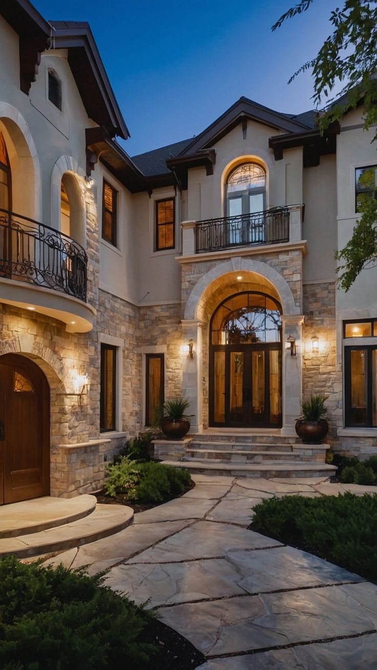 a large house with stone steps leading up to the front door