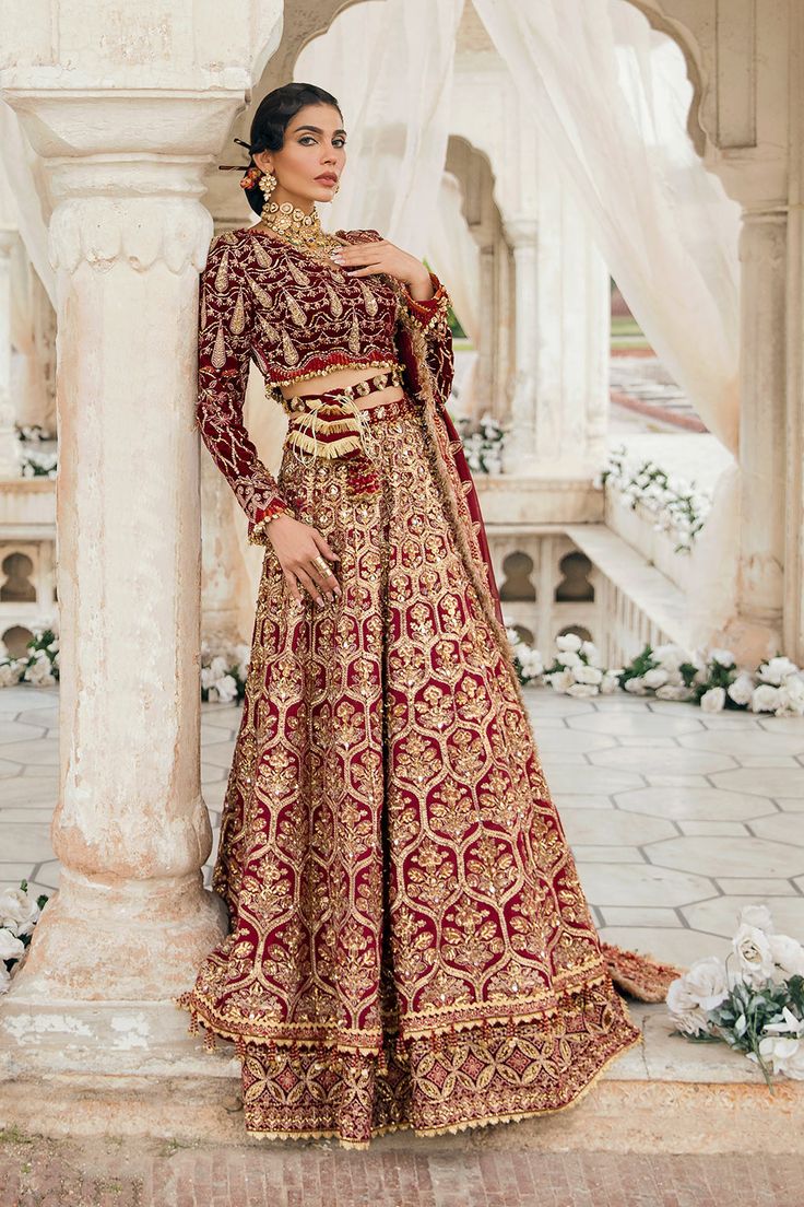 Pakistani Velvet Dresses, Red Lehenga Choli, Bridal Lehenga Red, Readymade Saree, Lehenga Skirt, Red Lehenga, Indian Bridal Dress, Embroidered Sleeves, Bridal Lehenga Choli