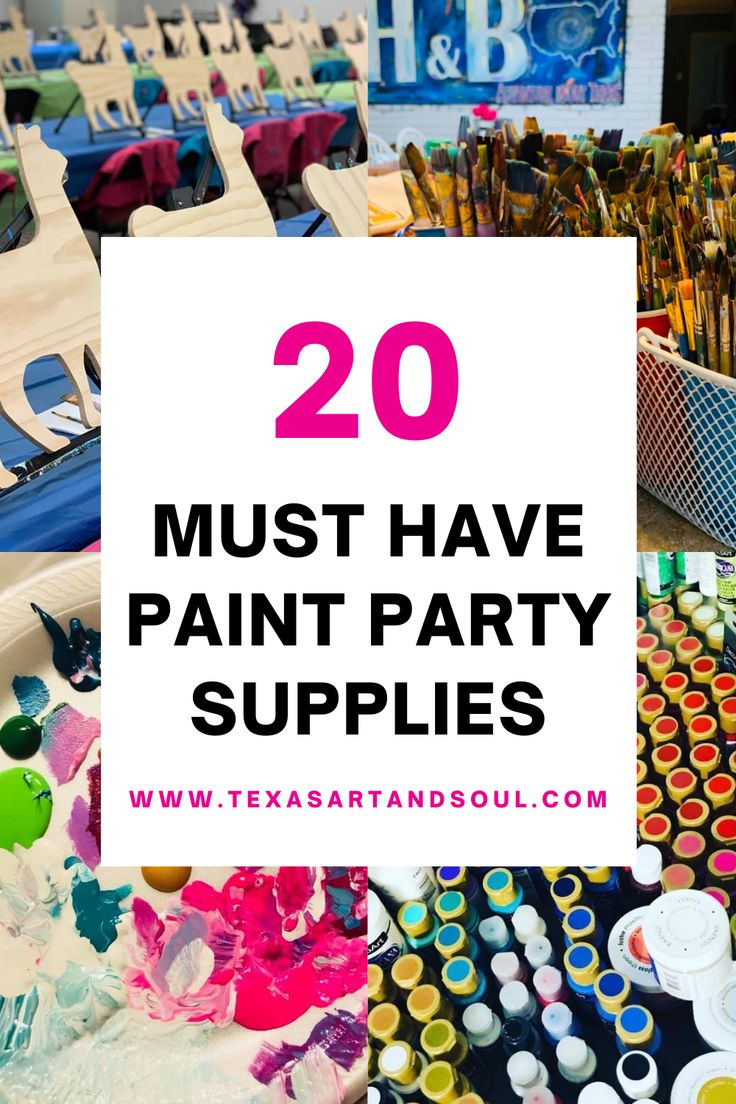 Must Have Paint Party Supplies Pin for Pinterest Puff And Paint Party, Paint Party Decorations For Adults, Paint Party Set Up, Diy Paint Party Ideas, Paint Party Table Set Up, Paint Your Partner Party, Hosting Paint Night Parties, Sip And Paint Party Decorations, Paint Party Business