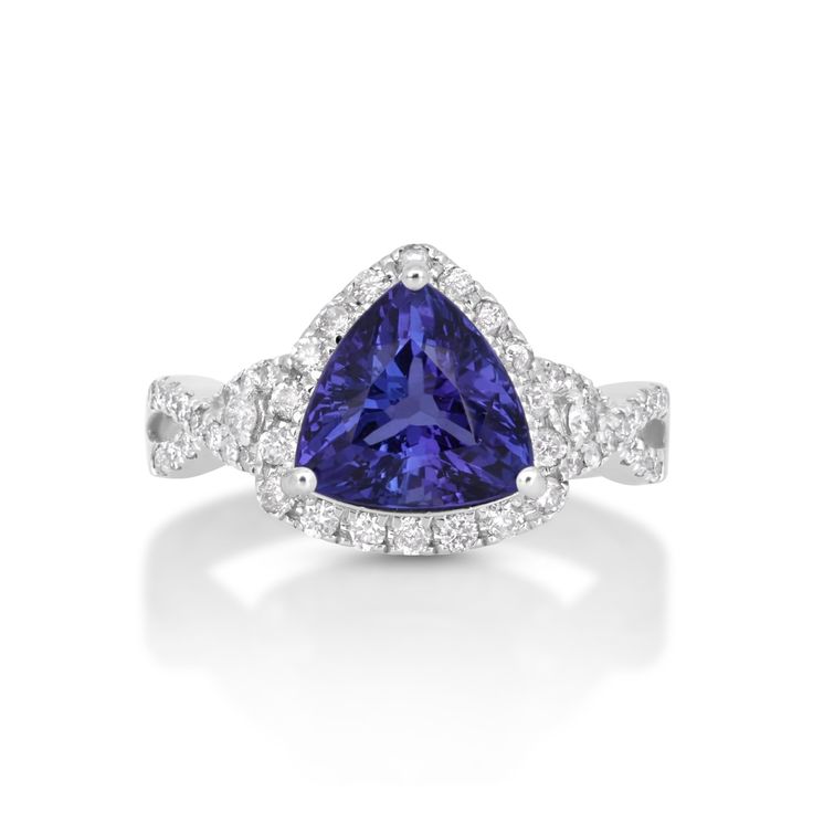 2.90 Cts Tanzanite and White Diamond Ring in 14K White Gold Luxury Tanzanite Diamond Ring For Formal Occasions, Classic Tanzanite Ring For Formal Occasions, Gia Certified Trillion Cut Diamond Ring For Formal Events, Gia Certified Trillion Cut Diamond Ring For Formal Occasions, Luxury Tanzanite Diamond Ring With Brilliant Cut, Luxury Tanzanite Diamond Ring With Halo Setting, Luxury Tanzanite Rings For Formal Occasions, Elegant Gemstones With Center Stone For Formal Occasions, Luxury Formal Tanzanite Ring