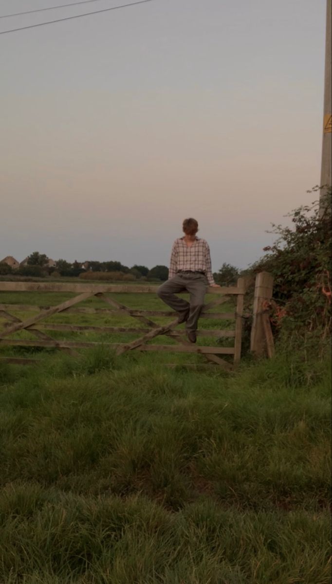 a man standing on top of a wooden fence next to a lush green field at sunset