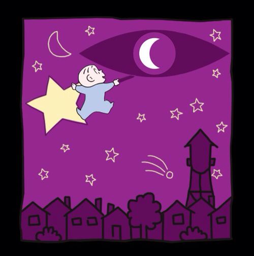 an image of a baby flying in the sky with a star and moon on it