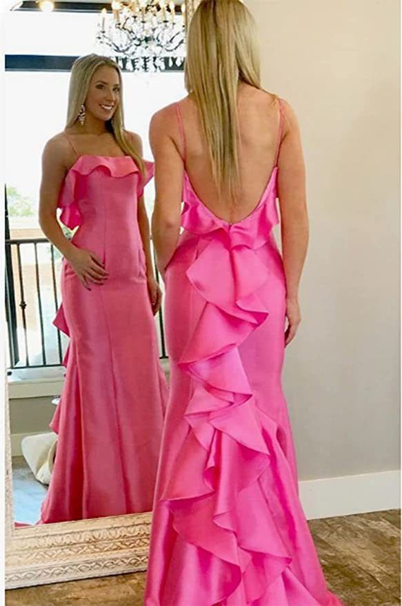 Satin Mermaid Prom Dress, Pink Satin Prom Dress, Prom Dress With Ruffles, Navy Blue Prom Dress, Prom Dress With Train, Pink Spaghetti, Long Formal Gowns, Spaghetti Strap Prom Dress, Mermaid Prom Dress