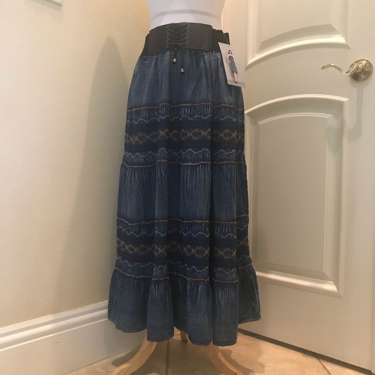 Nwt Lapis Maxi Skirt Is A Tiered Denim Style , With Built In Tie Front Belt Design, Elastic Back,And Beautiful Embroidered Details. New With Tag . See Close Up Photos For Colors And Details. Medium Wash Denim Tiered Skirt, Casual Medium Wash Tiered Denim Skirt, Casual Blue Denim Skirt With Elastic Waistband, Casual Dark Wash Tiered Skirt, High-waisted Denim Skirt With Elastic Waistband, High-waist Denim Skirt With Elastic Waistband, Medium Wash Denim Skirt With Elastic Waistband, Denim Tiered Skirt With Lining, Medium Wash Tiered Denim Skirt