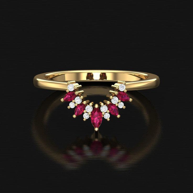 ✤ ITEM DESCRIPTION  Metal Availability : Sterling Silver,14K/18K Gold Setting : Prong Stamped : 925,14K,18K Gemstone : Lab Created Ruby Gemstone Size : Center Marquise  - 2×4mm Side Marquise- 1.5×2mm Round Stones - 1.30mm, 1.10mm Band Width - 1.90mm ✤ CUSTOM ORDER We can create almost any rings, earrings, necklace you desire with high quality and affordable price. Please message us for Details. Curved wedding bands can be customized for your engagement ring. Please order ASAP and send me some pi Elegant Stackable Ruby Wedding Ring, Elegant Stackable Ruby Ring For Wedding, Wedding Stackable Ruby Rings In Gold, Elegant Ruby Stackable Wedding Rings, Stackable Ruby Wedding Ring, Wedding Stackable Ruby Ring, Formal Red Ruby Stackable Rings, Red Stackable Open Rings For Anniversary, Stackable Yellow Gold Ruby Ring For Wedding