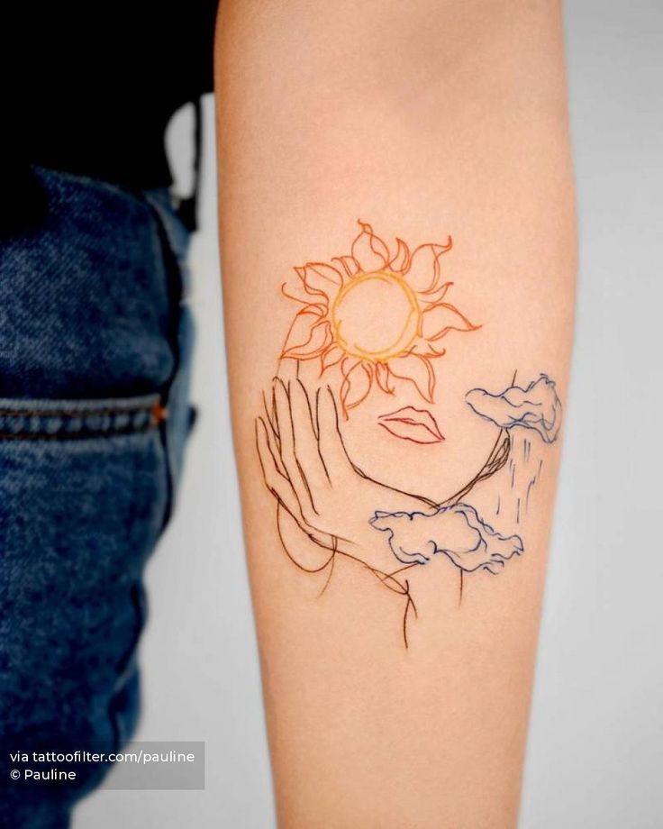 a woman's arm with a tattoo on it and the sun above her head