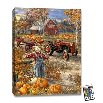 a painting of an old fashioned farm scene with pumpkins and a farmer's tractor