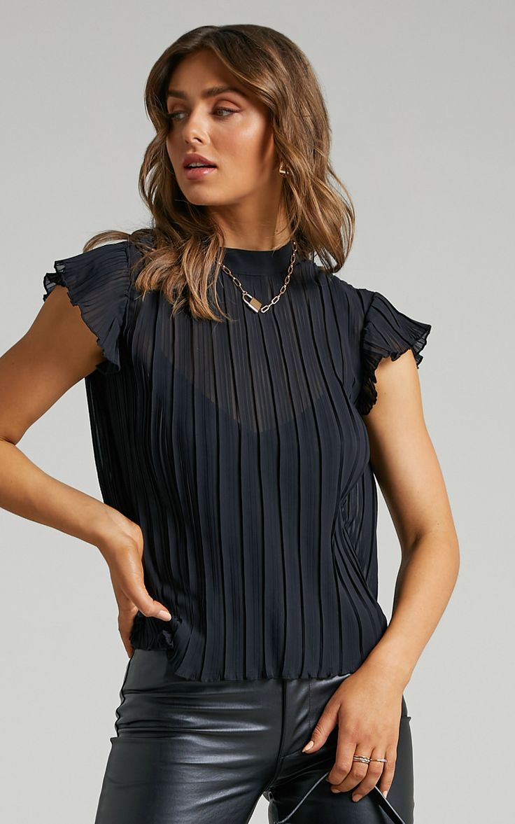 Harlow High Neck Pleated Workwear Top in Black | Showpo USA Elegant High Neck Ruffle Top, Elegant High Neck Top With Ruffles, Chic Pleated Short Sleeve Tops, Chic Pleated Tops For Night Out, Chic Black Pleated Top, Chic Pleated Stretch Top, Chic High Neck Top With Ruffles, Fitted Flutter Sleeve Top For Night Out, Chic Flutter Sleeve Top For Night Out