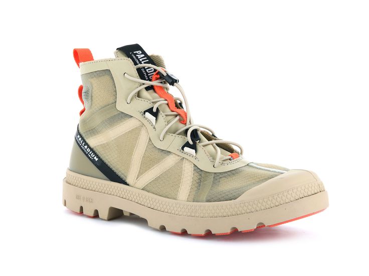 TRAVEL LITE+ ADVENTURE - Palladium US Khaki Lace-up Waterproof Hiking Boots, Khaki Waterproof Lace-up Hiking Boots, Casual High-top Hiking Boots For Adventure, Lace-up Hiking Boots With Abzorb Midsole For Outdoor Activities, Rugged Lace-up Boots For Adventure, Lace-up Trail Running Shoes With Rubber Sole For Hiking, Rugged Adventure Boots With Laces, Outdoor High-top Walking Shoes With Abzorb Midsole, Breathable Khaki Sneakers For Outdoor Activities