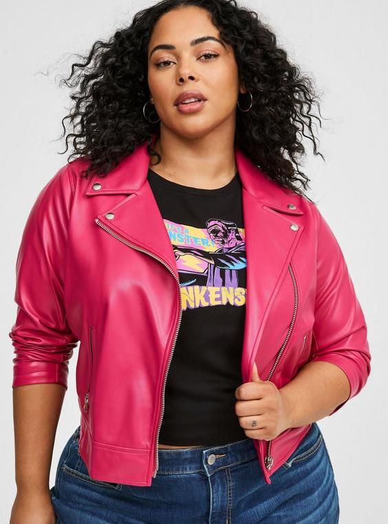 FIT Model is 5'10” wearing size 2. . Measures 25” from shoulder (size 2). . MATERIALS + CARE Faux leather woven fabric. 100% polyurethane. Wipe clean. Dry flat. Imported. DETAILS Zip front. Front zip pockets. Long sleeves; zip cuffs. The best plus size women's faux leather asymmetrical moto jacket & suede jackets in vivacious made of pleather. Torrid is your destination for cozy fall and winter clothes to keep you warm and comfortable. Love Pink Clothes, Moto Jacket Style, New Street Style, Soft Jacket, Active Outfits, Leather Weaving, Pink Outfits, Distressed Black Jeans, Bra And Panty Sets