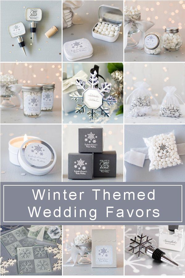 winter themed wedding favors with snowflakes