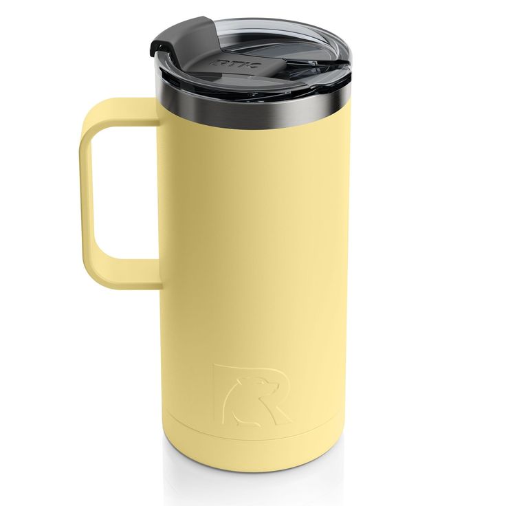 a yellow travel mug with a black lid and handle is shown against a white background